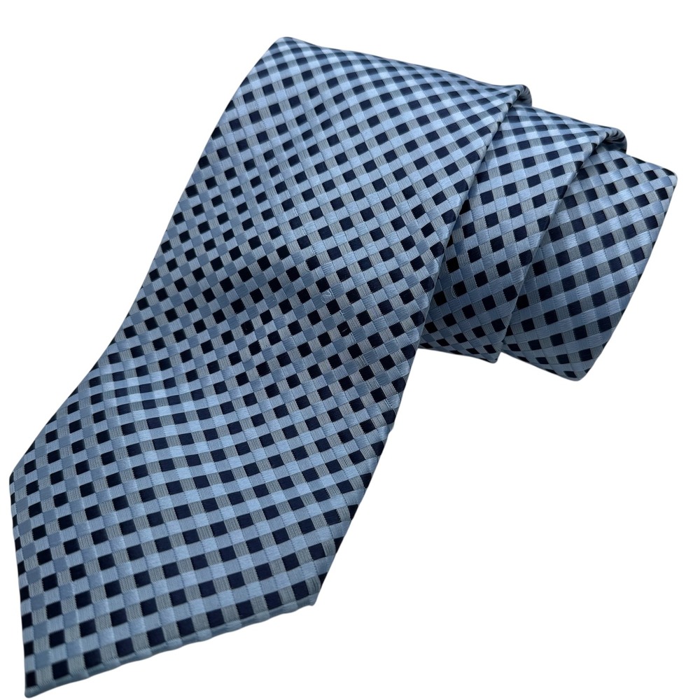 Ermenegildo Zegna Necktie Mens Blue Navy Silk Woven‎ Micro Check Italy 59" EUC